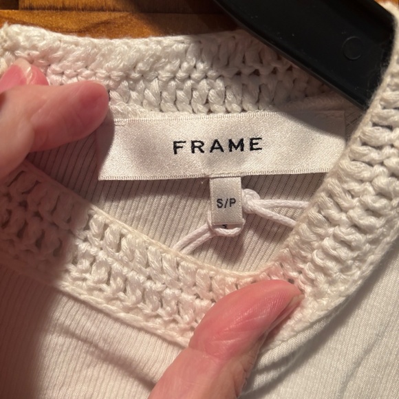 Frame Denim Crochet Trim Ribbed Short Sleeve Shirt White Small - Picture 4 of 7
